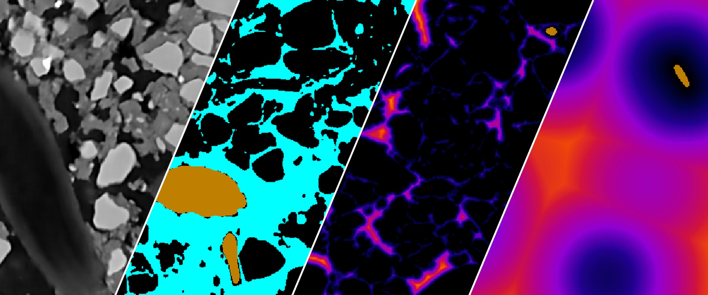 Micro-CT slice of soil shown in four image-processing stages